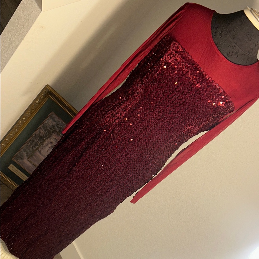 Grace Karin Burgundy Sequin Sheer Long Sleeve Dress